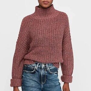 Express Womens Pink Chunky Mock‎ Neck Knit Cropped Sweater Size L Cozy Lounge